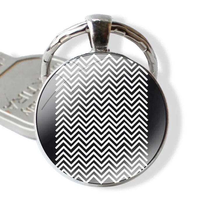 Handmade Glass Cabochon Keychain – Modern Geometric Design, Twin Peaks Black and White Pendant Key Ring Holder