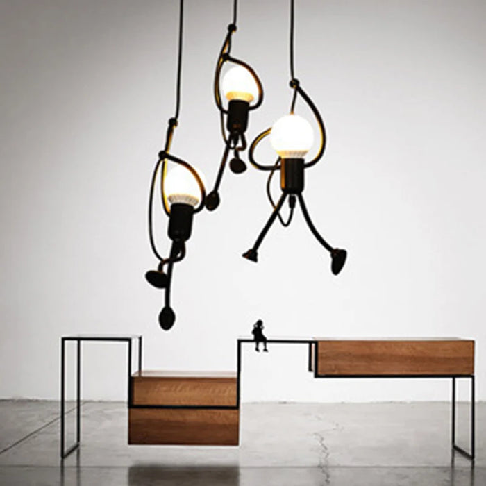 Vintage LED Pendant Light – Iron Little Man Hanging Lamp for Home, Children's Room, Dining Table, and Living Room Decoration