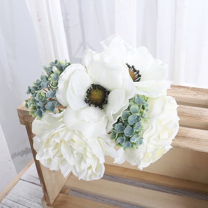 Artificial White Silk Flowers - Nordic Peony & Anemone Bouquet for Wedding, Home Decor, DIY Scrapbook, and Party Decoration
