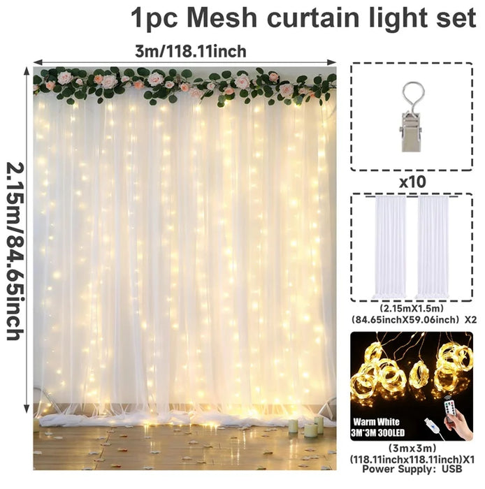 Set of 2 Tulle Backdrop Curtains with Lights – Wedding, Party, Baby Shower, and Photo Shoot