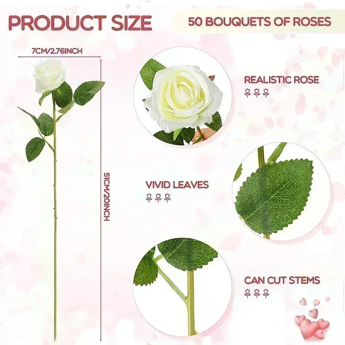 50 Pcs Artificial Silk Roses Bouquet – Real-Looking Fake Red Roses for Wedding, Party, and Home Decorations – DIY Floral Arrangements for Centerpieces