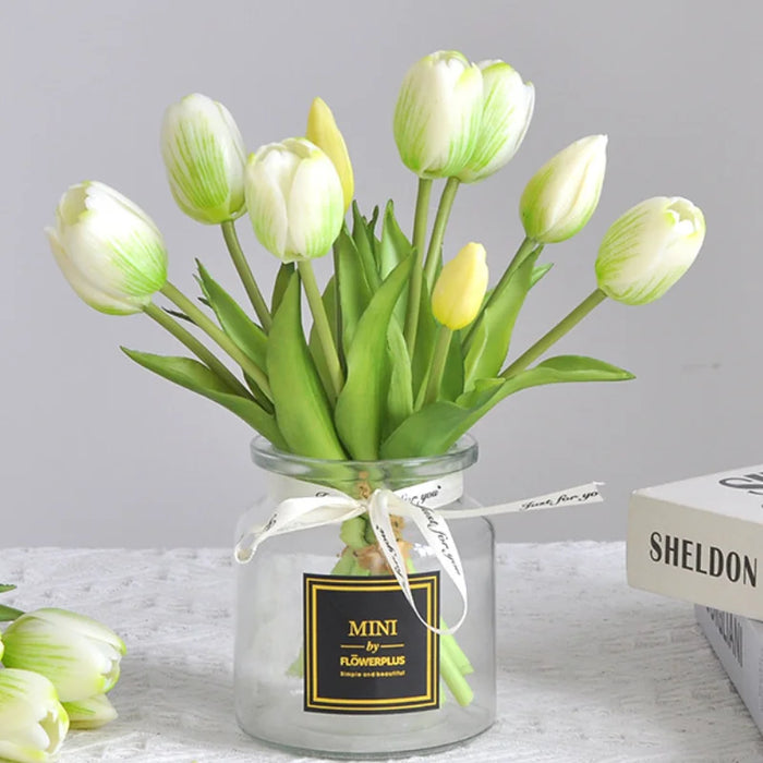 5 Short Pole Tulips Artificial Bouquet – Soft Rubber Silk Tulips for Home Decoration, Weddings, and Photography Props