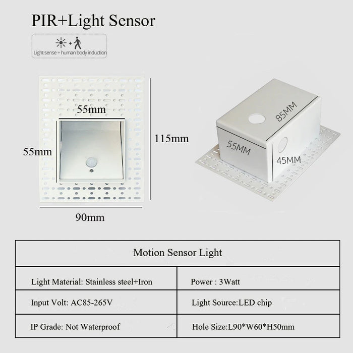 LED Embedded Wall Lamp with PIR Motion Sensor – 3W White & Black Staircase Footlight for Aisle, Corridor, and Home Lighting
