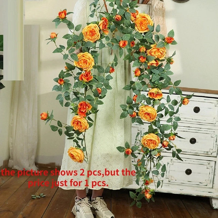 Artificial Sweetheart Roses Vine – Silk Red and Orange Rose Flower Rattan Vine for Home, Wedding, and Café Decoration