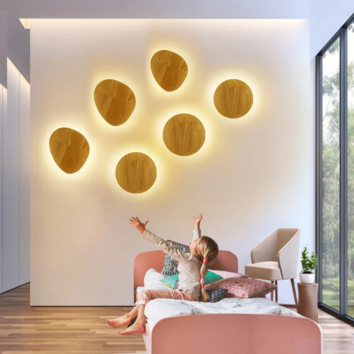 Nordic Round LED Wooden Wall Lamp – Modern Wall-Mounted Light for Bedroom, Stairway, and Foyer