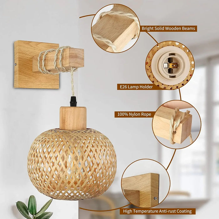 Retro Japanese Bamboo Wall Lamp – Rattan Lighting for Bedroom, Kitchen, Dining Room, and Farmhouse Decor