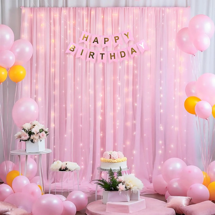 Set of 2 Tulle Backdrop Curtains with Lights – Wedding, Party, Baby Shower, and Photo Shoot