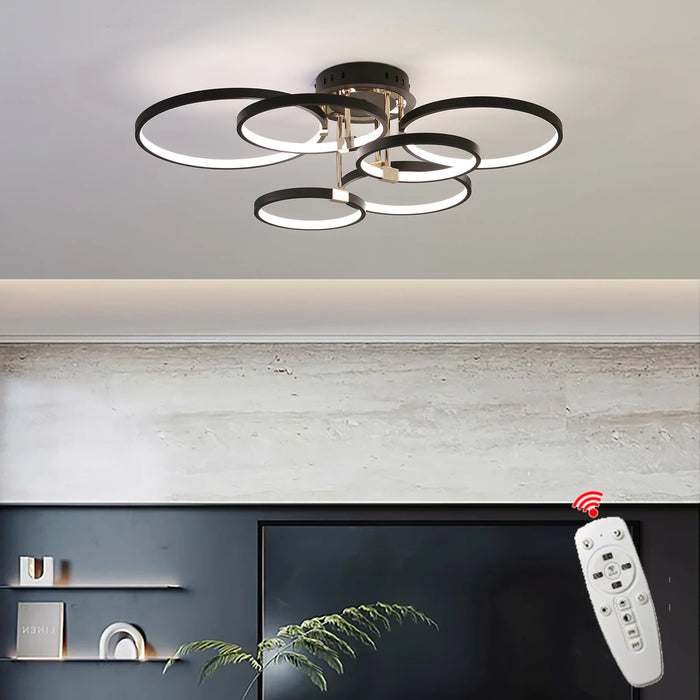 Modern Dimmable LED Ceiling Light – 4/6 Ring Chandelier with Remote Control, Adjustable Color Temperature for Living Room, Bedroom, and Dining Room