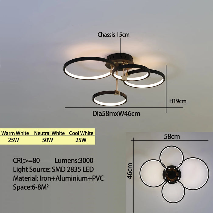 Modern Dimmable LED Ceiling Light – 4/6 Ring Chandelier with Remote Control, Adjustable Color Temperature for Living Room, Bedroom, and Dining Room