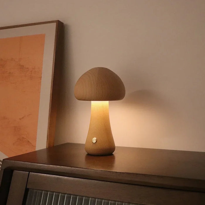 Cute Mushroom LED Night Light – Wooden Bedside Table Lamp with Touch Switch, Adjustable Brightness, and Portable USB Charging