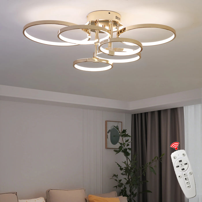 Modern Dimmable LED Ceiling Light – 4/6 Ring Chandelier with Remote Control, Adjustable Color Temperature for Living Room, Bedroom, and Dining Room