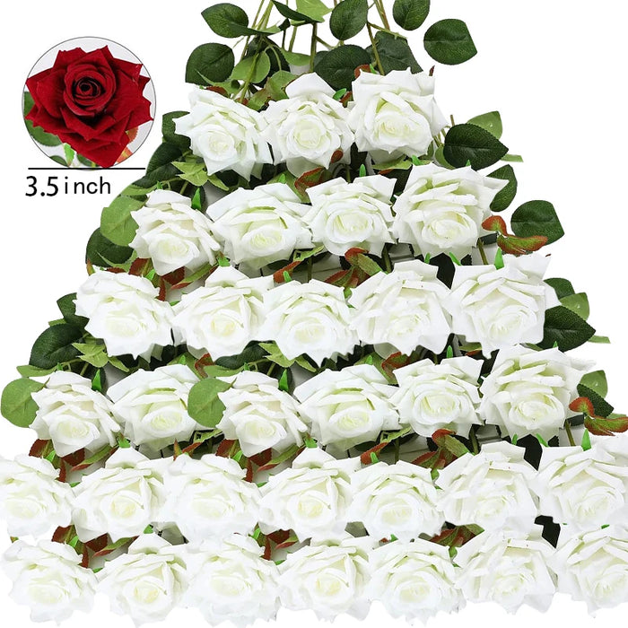 50 Pcs Artificial Silk Roses Bouquet – Real-Looking Fake Red Roses for Wedding, Party, and Home Decorations – DIY Floral Arrangements for Centerpieces