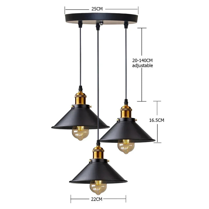 Vintage 3-Head Pendant Light – E27 LED Hanging Lamp for Kitchen, Dining Room, and Bedroom