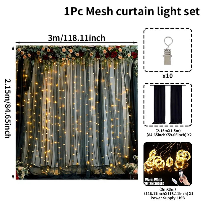 Set of 2 Tulle Backdrop Curtains with Lights – Wedding, Party, Baby Shower, and Photo Shoot