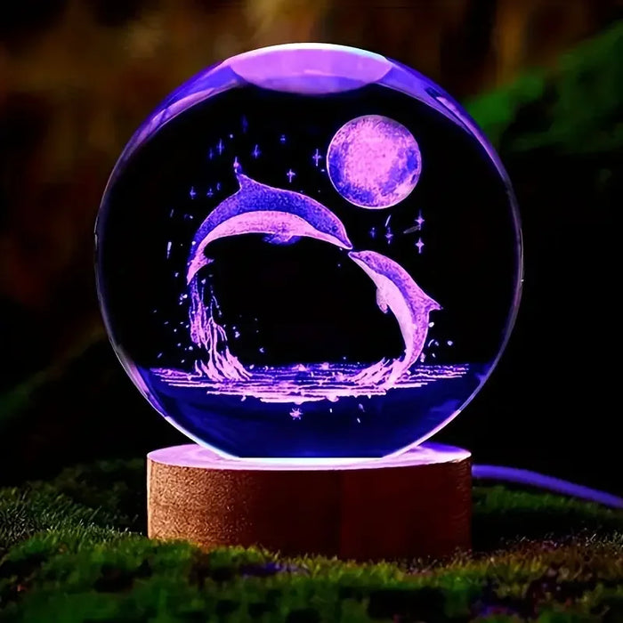 3D Dolphin Moon Crystal Ball Lamp – Laser Etched Marine Animal Night Light for Bedroom & Living Room Decor