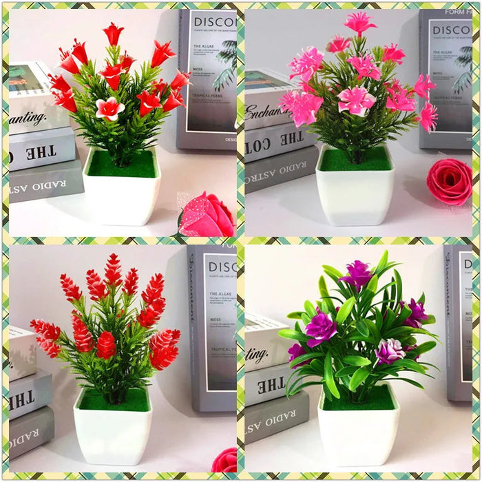 Artificial Small Flower Bonsai in Pot – Mini Fake Potted Plant for Home, Office, Hotel, and Garden Decor – Red, Pink, Purple Options