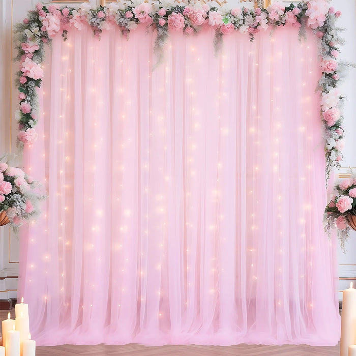 Set of 2 Tulle Backdrop Curtains with Lights – Wedding, Party, Baby Shower, and Photo Shoot
