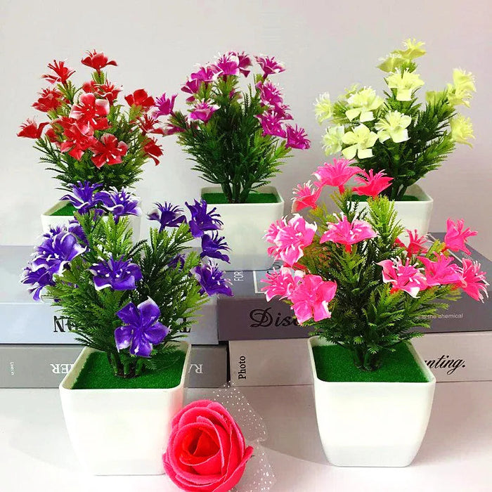 Artificial Small Flower Bonsai in Pot – Mini Fake Potted Plant for Home, Office, Hotel, and Garden Decor – Red, Pink, Purple Options