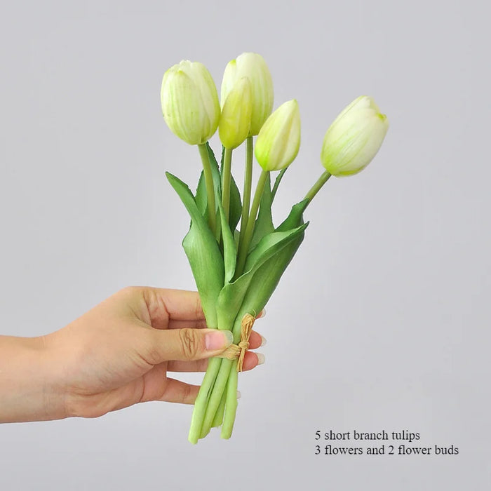 5 Short Pole Tulips Artificial Bouquet – Soft Rubber Silk Tulips for Home Decoration, Weddings, and Photography Props