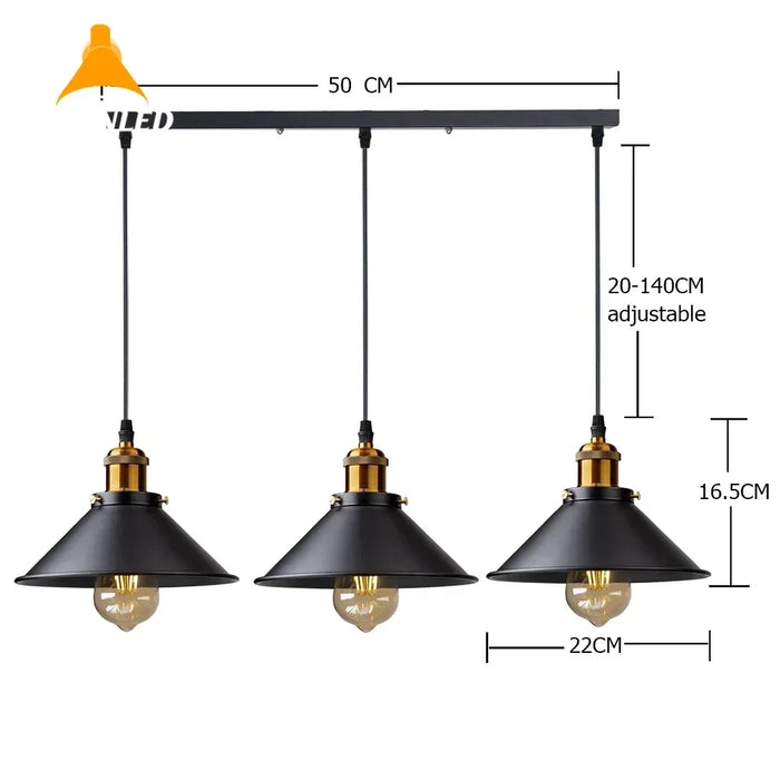 Vintage 3-Head Pendant Light – E27 LED Hanging Lamp for Kitchen, Dining Room, and Bedroom