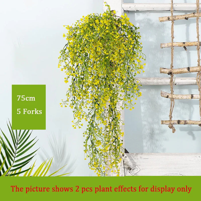 75cm Artificial Golden Bell Willow Vine – 5 Forks Hanging Rattan Plant for Home, Garden, Wedding, and Wall Decoration