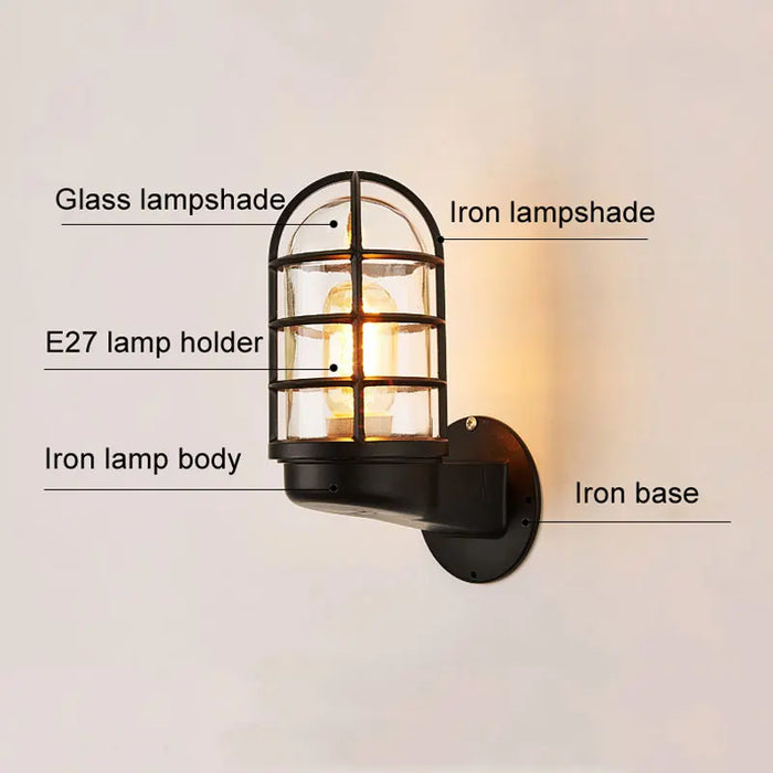 Retro Glass Wall Light – Waterproof LED Wall Lamp for Indoor and Outdoor Use, Industrial Loft Style, Aisle, Patio, Porch, and Cafe Lighting