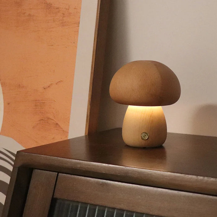 Cute Mushroom LED Night Light – Wooden Bedside Table Lamp with Touch Switch, Adjustable Brightness, and Portable USB Charging