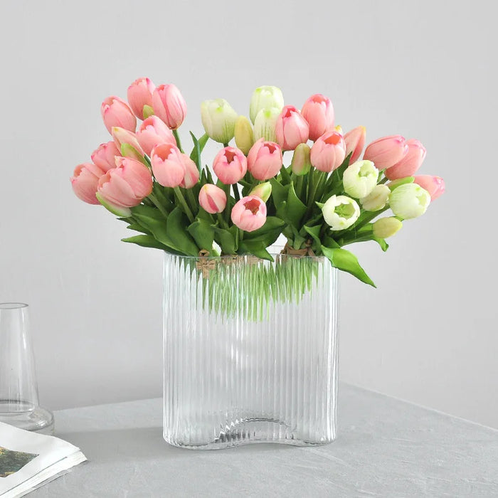 5 Short Pole Tulips Artificial Bouquet – Soft Rubber Silk Tulips for Home Decoration, Weddings, and Photography Props