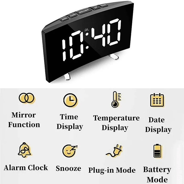 Digital Mirror Alarm Clock – LED Display with Temperature, Humidity, 2 Brightness Levels, Snooze, Night Mode & 12/24H Switch