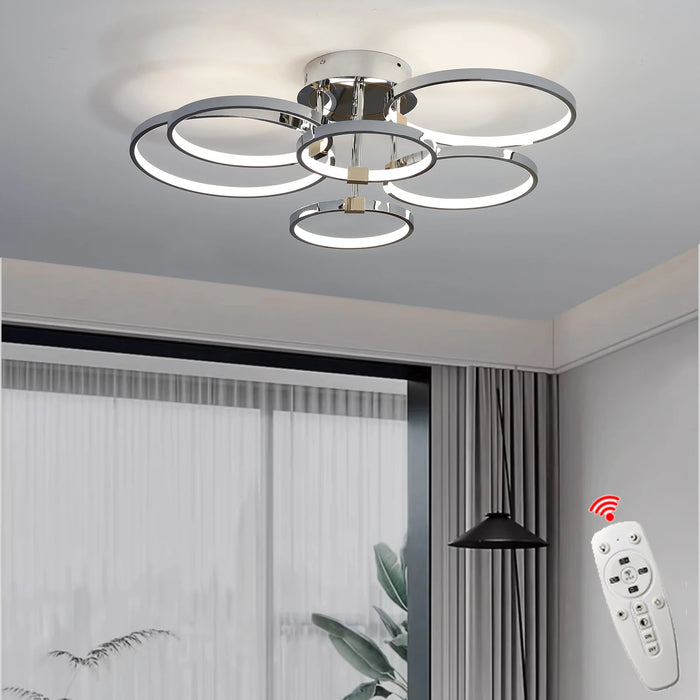 Modern Dimmable LED Ceiling Light – 4/6 Ring Chandelier with Remote Control, Adjustable Color Temperature for Living Room, Bedroom, and Dining Room