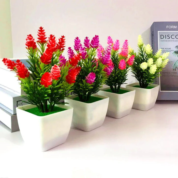 Artificial Small Flower Bonsai in Pot – Mini Fake Potted Plant for Home, Office, Hotel, and Garden Decor – Red, Pink, Purple Options