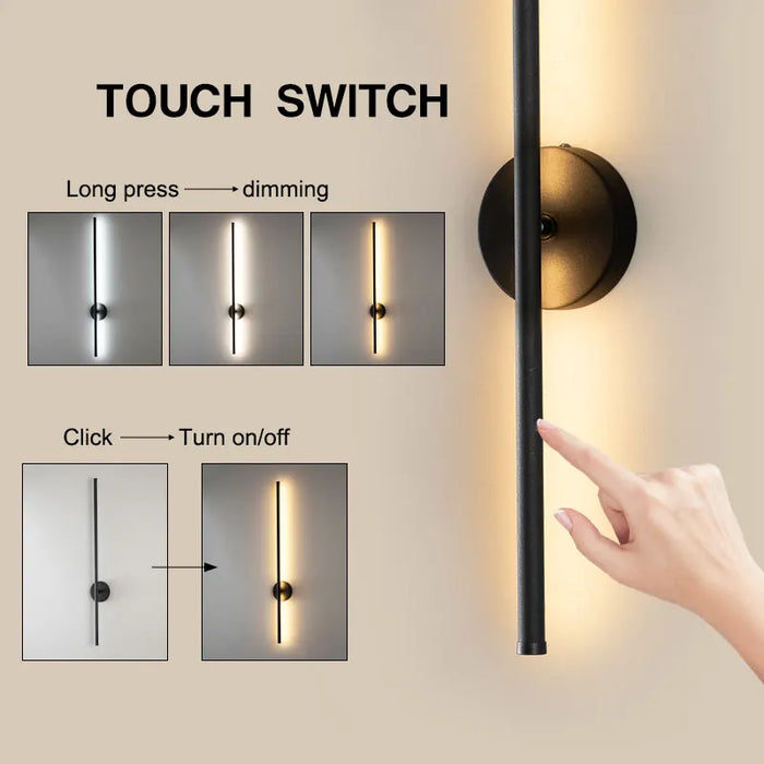 Black Dimmable LED Wall Lamp with Touch Switch – 360° Rotatable Wall Sconce for Bedroom, Living Room, and Indoor Spaces