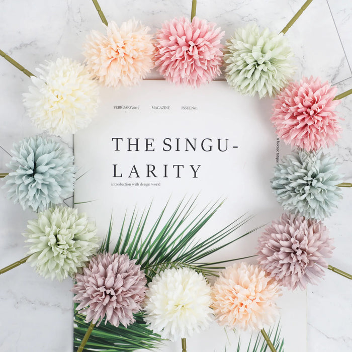 6 Artificial Dandelion & Chrysanthemum Ball Bouquets – Silk Flower Arrangement for Home, Office, Wedding, and Party Decoration