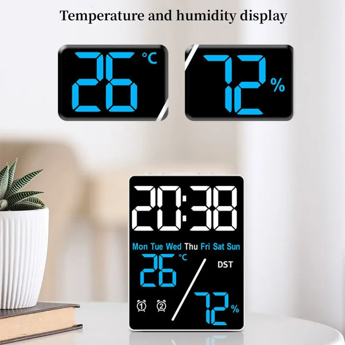 Digital Alarm Clock with Temperature and Humidity Display – 2 Alarms, Snooze, Adjustable Brightness, and LED Screen