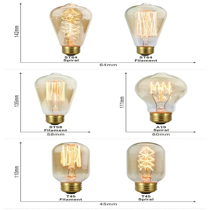 Edison Vintage Light Bulb E27 40W - Retro Filament Incandescent Bulb for Living Room, Bedroom, and Dining Room - Available in ST64, A19, G80, G95, T10, T45, T185 Shapes