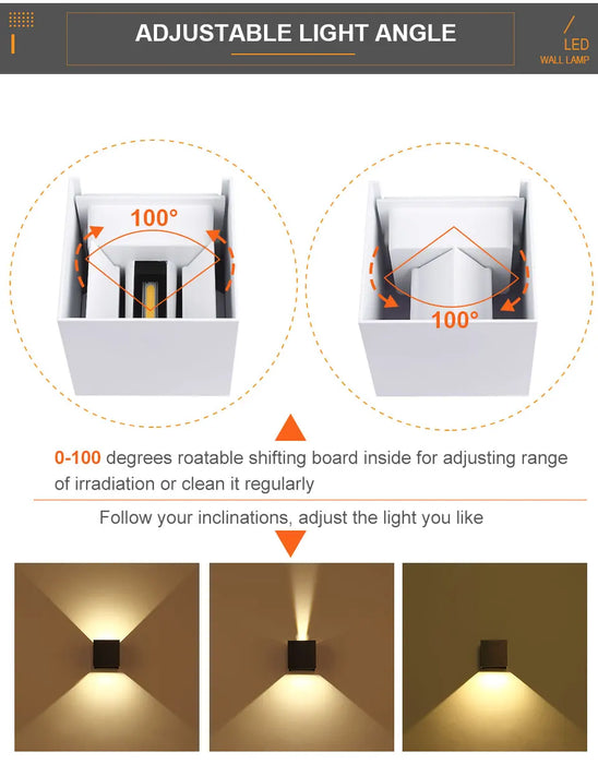 IP65 Waterproof LED Wall Lamp – 12W Adjustable Outdoor/Indoor Wall Sconce for Courtyard, Porch, Living Room, Bedroom, and Bathroom