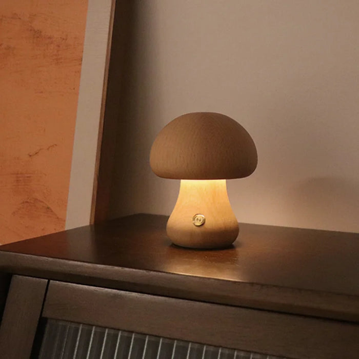 Cute Mushroom LED Night Light – Wooden Bedside Table Lamp with Touch Switch, Adjustable Brightness, and Portable USB Charging