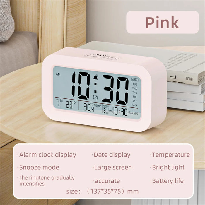 Battery Powered LCD Alarm Clock with Temperature, Date, Week & 3 Alarms – Backlight, Snooze & Night Vision Function – 12/24H Digital Clock