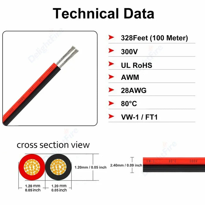 2 Pin Electrical Extension Cable – 22/20/18 AWG Tinned Copper Wire for LED Strips, Speaker & 12V JST SM Connectors