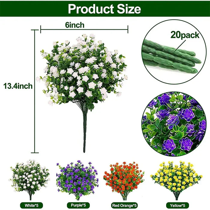 20 Bundles UV Resistant Outdoor Artificial Flowers – Faux Plastic Flowers for Home, Garden, and Wedding Décor