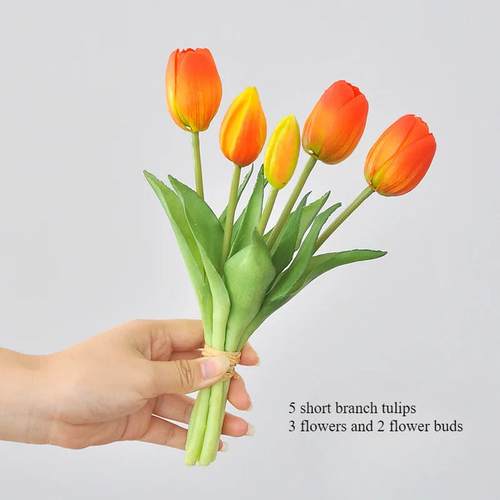 5 Short Pole Tulips Artificial Bouquet – Soft Rubber Silk Tulips for Home Decoration, Weddings, and Photography Props