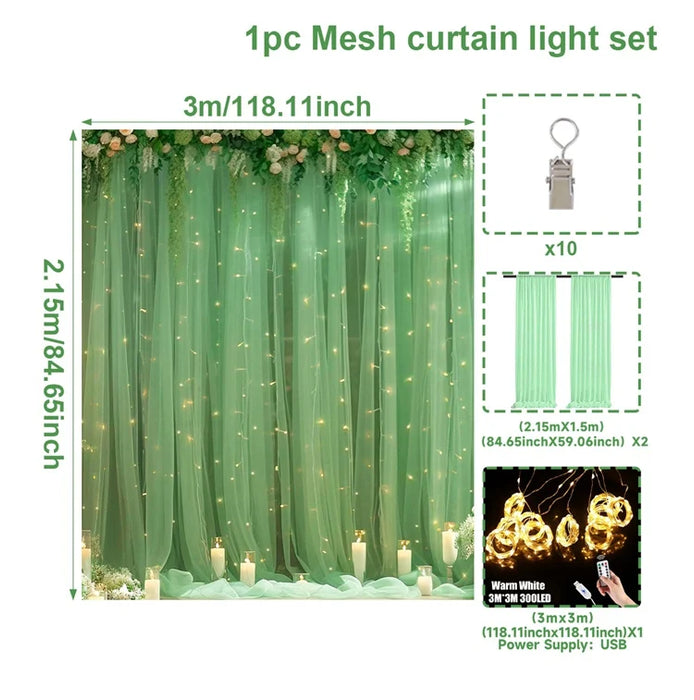 Set of 2 Tulle Backdrop Curtains with Lights – Wedding, Party, Baby Shower, and Photo Shoot