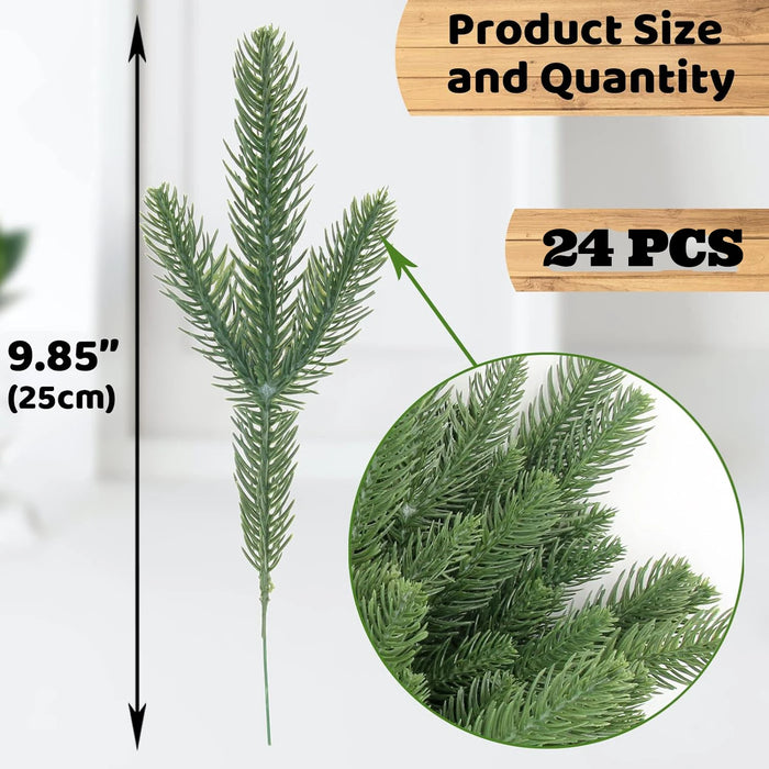 24 Pcs Artificial Pine Branches Green Plants Pine Needles DIY Accessories for Garland Wreath Christmas and Home Garden Decor