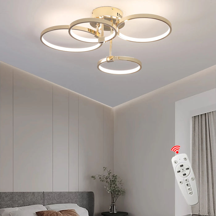 Modern Dimmable LED Ceiling Light – 4/6 Ring Chandelier with Remote Control, Adjustable Color Temperature for Living Room, Bedroom, and Dining Room