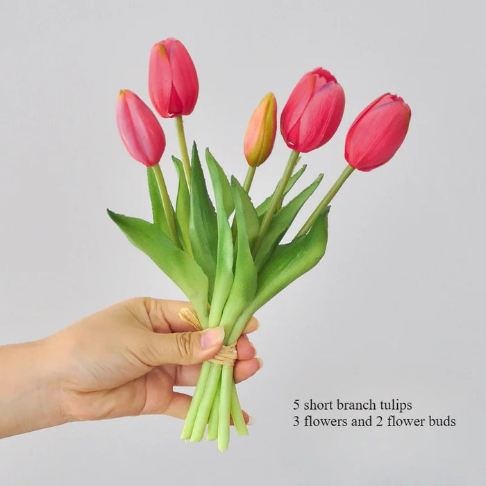 5 Short Pole Tulips Artificial Bouquet – Soft Rubber Silk Tulips for Home Decoration, Weddings, and Photography Props