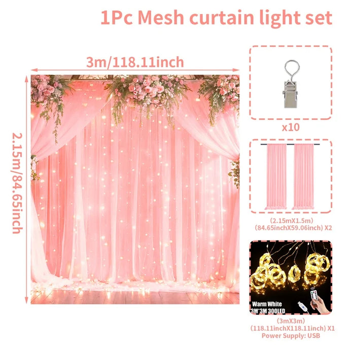 Set of 2 Tulle Backdrop Curtains with Lights – Wedding, Party, Baby Shower, and Photo Shoot