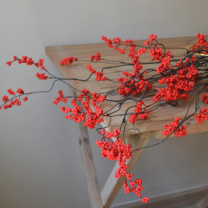 120CM Chinese Style Zen Flower Arrangement – Artificial Red Berry and Green Fruit Skewers for Home, Tea Table, and Winter Decoration