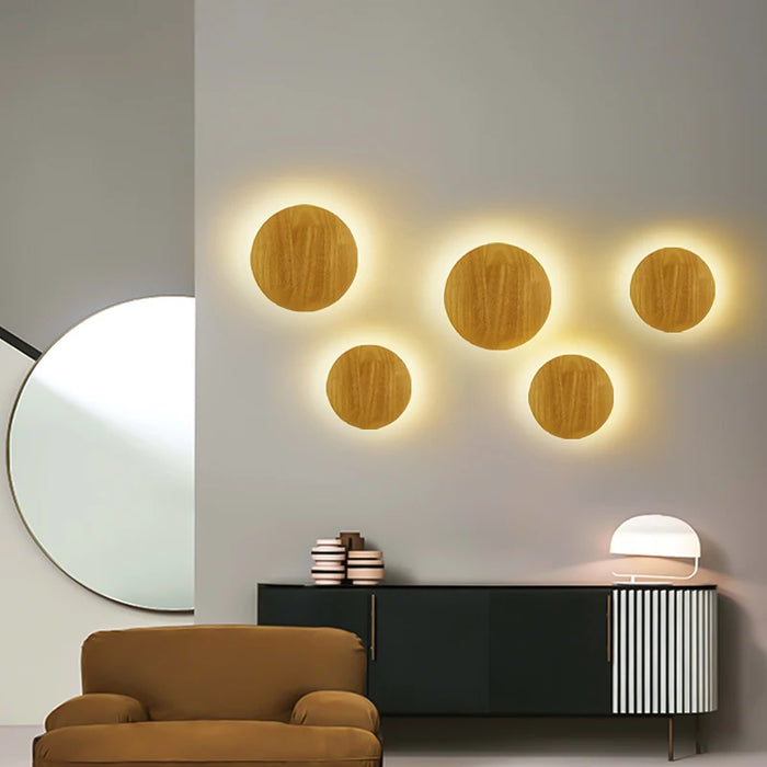 Nordic Round LED Wooden Wall Lamp – Modern Wall-Mounted Light for Bedroom, Stairway, and Foyer