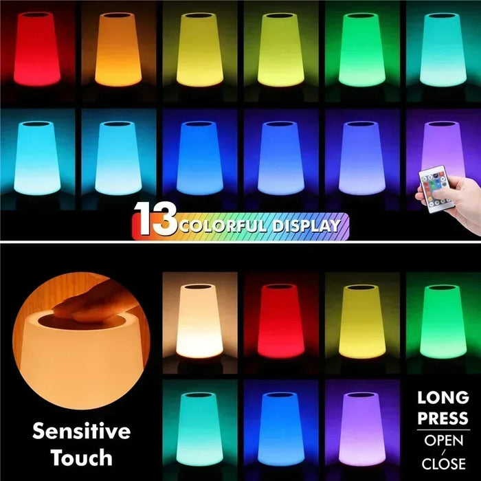 13-Color Changing Night Light – RGB Remote Control Touch Dimmable USB Rechargeable Table Bedside Lamp for Atmosphere Lighting