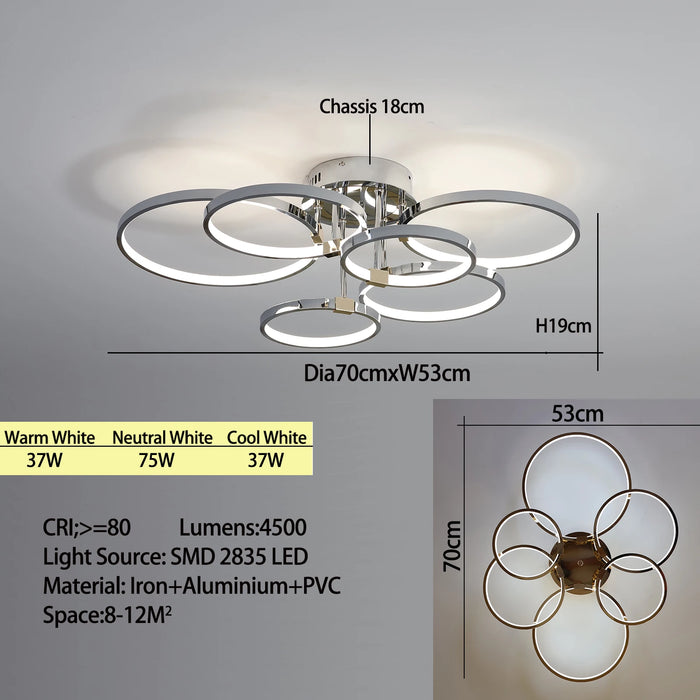 Modern Dimmable LED Ceiling Light – 4/6 Ring Chandelier with Remote Control, Adjustable Color Temperature for Living Room, Bedroom, and Dining Room